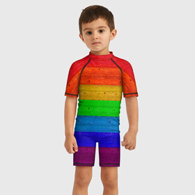 Детский купальный костюм 3D с принтом Разноцветные доски радужный в Кировске, Полиэстер 85%, Спандекс 15% | застежка на молнии на спине | крашеные доски | линии | полосы | радуга | радужный | разноцветный | ярко