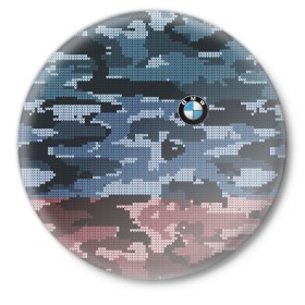 Значок с принтом BMW в Кировске,  металл | круглая форма, металлическая застежка в виде булавки | bmw | авто | автомобиль | бмв | камуфляж | логотип | марка | машина | надпись | текстура