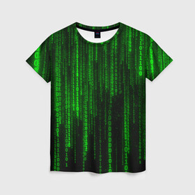Женская футболка 3D с принтом Матрица код цифры программист в Кировске, 100% полиэфир ( синтетическое хлопкоподобное полотно) | прямой крой, круглый вырез горловины, длина до линии бедер | бинарный код | веб | вирус | всемирная паутина | двоичный код | зеленый | интернет | информация | кибер | код | кодер | кодирование | матрица | наука | олдскул | по | программирование