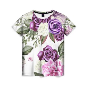 Женская футболка 3D с принтом Красивые розы в Кировске, 100% полиэфир ( синтетическое хлопкоподобное полотно) | прямой крой, круглый вырез горловины, длина до линии бедер | белые розы | белый | необычные | розовый | розы | синие розы | синий | фиолетовые розы | фиолетовый | цветы