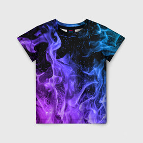 Детская футболка 3D с принтом ОГОНЬ НЕОН в Кировске, 100% гипоаллергенный полиэфир | прямой крой, круглый вырез горловины, длина до линии бедер, чуть спущенное плечо, ткань немного тянется | абстракция | горит | неон | неоновый | огонь | пламя | пожар | синий | текстура | фиолетовый | яркий