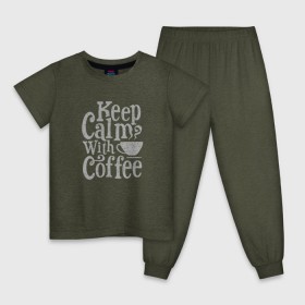 Детская пижама хлопок с принтом Keep calm with coffee в Кировске, 100% хлопок |  брюки и футболка прямого кроя, без карманов, на брюках мягкая резинка на поясе и по низу штанин
 | coffee | keep calm | ароматный | бодрящий | горячий | кофе | кофеек | кофейная | кофеман | кофи | крепкие | крепкий | нервы | с кофе | с утра | сохраняй спокойствие | успокаивает | утренний | утро | чашка