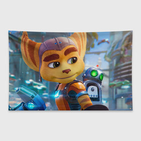 Флаг-баннер с принтом Ratchet & Clank Rift Apart в Кировске, 100% полиэстер | размер 67 х 109 см, плотность ткани — 95 г/м2; по краям флага есть четыре люверса для крепления | Тематика изображения на принте: ratchet  clank rift apart | игра | персонаж | рисунок