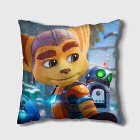 Подушка 3D с принтом Ratchet & Clank Rift Apart в Кировске, наволочка – 100% полиэстер, наполнитель – холлофайбер (легкий наполнитель, не вызывает аллергию). | состоит из подушки и наволочки. Наволочка на молнии, легко снимается для стирки | Тематика изображения на принте: ratchet  clank rift apart | игра | персонаж | рисунок