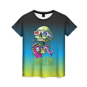 Женская футболка 3D с принтом Cool skull в Кировске, 100% полиэфир ( синтетическое хлопкоподобное полотно) | прямой крой, круглый вырез горловины, длина до линии бедер | bones | grin | jaw | juice | skull | teeth | tongue | зубы | кости | оскал | очки | пасть | сок | череп | язык