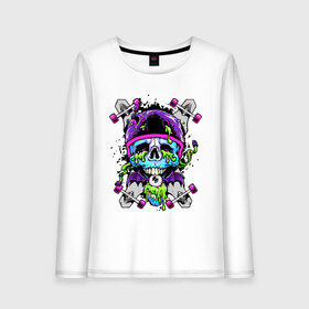 Женский лонгслив хлопок с принтом Crazy skull в Кировске, 100% хлопок |  | bat | eye | grin | helmet | jaw | orbits | skateboard | skull | teeth | wings | глаз | глазницы | зубы | крылья | летучая мышь | оскал | пасть | скейтборд | череп | шлем