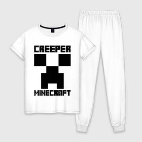 Женская пижама хлопок с принтом MINECRAFT CREEPER в Кировске, 100% хлопок | брюки и футболка прямого кроя, без карманов, на брюках мягкая резинка на поясе и по низу штанин | creeper | game | minecraft | блоки | игра | квадраты | компьютерная | крипер | майнкрафт
