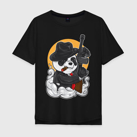 Мужская футболка хлопок Oversize с принтом Panda Gangster в Кировске, 100% хлопок | свободный крой, круглый ворот, “спинка” длиннее передней части | Тематика изображения на принте: art | automatic | bandit | gangster | panda | weapons | автомат | арт | бандит | гангстер | оружие | панда