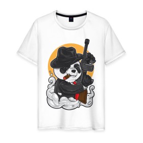Мужская футболка хлопок с принтом Panda Gangster в Кировске, 100% хлопок | прямой крой, круглый вырез горловины, длина до линии бедер, слегка спущенное плечо. | art | automatic | bandit | gangster | panda | weapons | автомат | арт | бандит | гангстер | оружие | панда