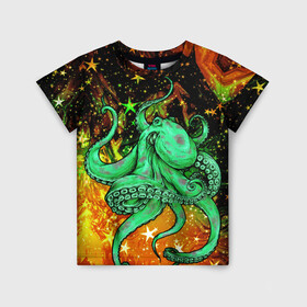 Детская футболка 3D с принтом Cosmo Octopus в Кировске, 100% гипоаллергенный полиэфир | прямой крой, круглый вырез горловины, длина до линии бедер, чуть спущенное плечо, ткань немного тянется | Тематика изображения на принте: cosmo | kraken | medusa | meduza | ocean | octopus | pirates | арт | ван | гог | звезды | искусство | картина | космос | кракен | красочный | медуза | море | океан | осьминог | пираты | принт | стиль