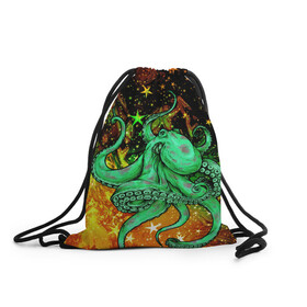 Рюкзак-мешок 3D с принтом Cosmo Octopus в Кировске, 100% полиэстер | плотность ткани — 200 г/м2, размер — 35 х 45 см; лямки — толстые шнурки, застежка на шнуровке, без карманов и подкладки | cosmo | kraken | medusa | meduza | ocean | octopus | pirates | арт | ван | гог | звезды | искусство | картина | космос | кракен | красочный | медуза | море | океан | осьминог | пираты | принт | стиль