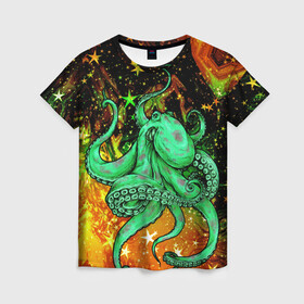 Женская футболка 3D с принтом Cosmo Octopus в Кировске, 100% полиэфир ( синтетическое хлопкоподобное полотно) | прямой крой, круглый вырез горловины, длина до линии бедер | cosmo | kraken | medusa | meduza | ocean | octopus | pirates | арт | ван | гог | звезды | искусство | картина | космос | кракен | красочный | медуза | море | океан | осьминог | пираты | принт | стиль