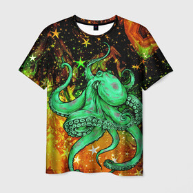 Мужская футболка 3D с принтом Cosmo Octopus в Кировске, 100% полиэфир | прямой крой, круглый вырез горловины, длина до линии бедер | Тематика изображения на принте: cosmo | kraken | medusa | meduza | ocean | octopus | pirates | арт | ван | гог | звезды | искусство | картина | космос | кракен | красочный | медуза | море | океан | осьминог | пираты | принт | стиль