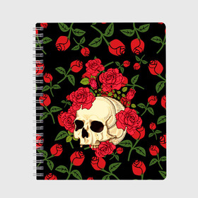 Тетрадь с принтом Skull Roses в Кировске, 100% бумага | 48 листов, плотность листов — 60 г/м2, плотность картонной обложки — 250 г/м2. Листы скреплены сбоку удобной пружинной спиралью. Уголки страниц и обложки скругленные. Цвет линий — светло-серый
 | rose | roses | анатомия | белая | белое | гот | косплей | кости | кость | костюм | красочная | пират | пираты | подарок | прикольная | роза | светлая | стиль | темная | тренд | чб | череп | черепа | черепушки