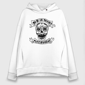 Женское худи Oversize хлопок с принтом Dia de los muertos в Кировске, френч-терри — 70% хлопок, 30% полиэстер. Мягкий теплый начес внутри —100% хлопок | боковые карманы, эластичные манжеты и нижняя кромка, капюшон на магнитной кнопке | eyes | flowers | jaw | orbits | pittsburgh | ribbon | skull | teeth | глазницы | лента | пасть | цветы | череп