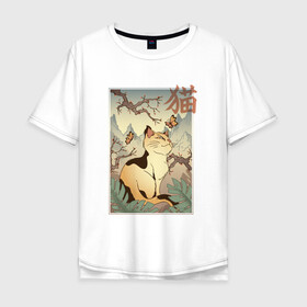 Мужская футболка хлопок Oversize с принтом Кот в японском стиле в Кировске, 100% хлопок | свободный крой, круглый ворот, “спинка” длиннее передней части | hokusai | kanji | picture | poster | в стиле | видами | горы | деревья | искусство | кандзи | картина | кот | котейка | котенок | котэ | котята | кошечка | кошка | красотами | любуется | пейзаж | постер | стиль | фреска