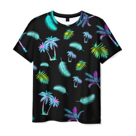 Мужская футболка 3D с принтом Tropiki в Кировске, 100% полиэфир | прямой крой, круглый вырез горловины, длина до линии бедер | брызги красок | кокос | космос | краска | летняя ночь | лето | лист пальмы | неон | неоновая пальма | пальма | перо | пляж