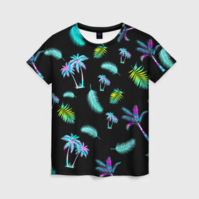 Женская футболка 3D с принтом Tropiki в Кировске, 100% полиэфир ( синтетическое хлопкоподобное полотно) | прямой крой, круглый вырез горловины, длина до линии бедер | брызги красок | кокос | космос | краска | летняя ночь | лето | лист пальмы | неон | неоновая пальма | пальма | перо | пляж