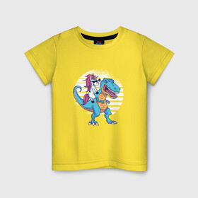 Детская футболка хлопок с принтом Единорог верхом на динозавре в Кировске, 100% хлопок | круглый вырез горловины, полуприлегающий силуэт, длина до линии бедер | Тематика изображения на принте: dino | dinosaur | dinosaurus | evil | t rex | unicorn | верхом на динозавре | динозавр | единорог | животные | забавная | забавные | злой | милый | прикол | прикольная | прикольные | радуга | ржака | с юмором | ти рекс