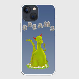 Чехол для iPhone 13 mini с принтом Dragon Dreams в Кировске,  |  | Тематика изображения на принте: девушке | детское | дракон | дракон добрый | дракон лето | дракон мечтатель | дракон ребенку | дракон цветы | дракончик | летний дракон | лето | мечтай | мечтатель | мечты | мечты дракона