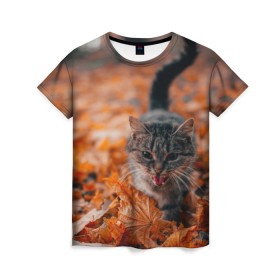Женская футболка 3D с принтом мяукающий кот осенние листья в Кировске, 100% полиэфир ( синтетическое хлопкоподобное полотно) | прямой крой, круглый вырез горловины, длина до линии бедер | золотая осень | кот | кошка | крик | листва | листья | мяу | мяукает | осень | сезон | уличный котейка