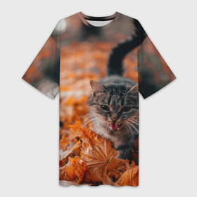 Платье-футболка 3D с принтом мяукающий кот осенние листья в Кировске,  |  | золотая осень | кот | кошка | крик | листва | листья | мяу | мяукает | осень | сезон | уличный котейка