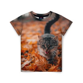 Детская футболка 3D с принтом мяукающий кот осенние листья в Кировске, 100% гипоаллергенный полиэфир | прямой крой, круглый вырез горловины, длина до линии бедер, чуть спущенное плечо, ткань немного тянется | золотая осень | кот | кошка | крик | листва | листья | мяу | мяукает | осень | сезон | уличный котейка