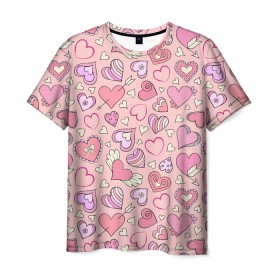 Мужская футболка 3D с принтом Сердечки разные в Кировске, 100% полиэфир | прямой крой, круглый вырез горловины, длина до линии бедер | Тематика изображения на принте: blue | flower | flowers | love | love is | loves | pink | rose | бабочка | бабочки | голубая | девочке | девушке | красивая | мода | парню | подарок | приятная | роза | розовая | сердечки | сердце | текстура | тренд | цветок