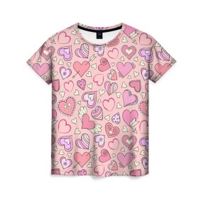Женская футболка 3D с принтом Сердечки разные в Кировске, 100% полиэфир ( синтетическое хлопкоподобное полотно) | прямой крой, круглый вырез горловины, длина до линии бедер | blue | flower | flowers | love | love is | loves | pink | rose | бабочка | бабочки | голубая | девочке | девушке | красивая | мода | парню | подарок | приятная | роза | розовая | сердечки | сердце | текстура | тренд | цветок