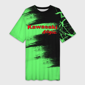 Платье-футболка 3D с принтом Kawasaki в Кировске,  |  | kawasaki | moto | ninja | брызги | дорога | кавасаки | краска | мотоцикл | надпись | неон | ниндзя | паутина | скорость | текстура