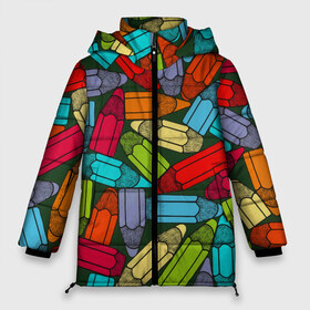 Женская зимняя куртка 3D с принтом детские цветные карандаши арт в Кировске, верх — 100% полиэстер; подкладка — 100% полиэстер; утеплитель — 100% полиэстер | длина ниже бедра, силуэт Оверсайз. Есть воротник-стойка, отстегивающийся капюшон и ветрозащитная планка. 

Боковые карманы с листочкой на кнопках и внутренний карман на молнии | арт | весело | детские | карандаши | необычно | просто | рисунок | цветные | ярко