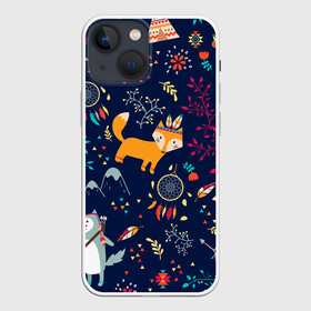 Чехол для iPhone 13 mini с принтом Звери природа индейцы этно в Кировске,  |  | ветки | волк | горы | звери | индейцы | лес | лис | лиса | листья | ловец снов | медведь | природа | синий | треугольники | узор | цветы | этно