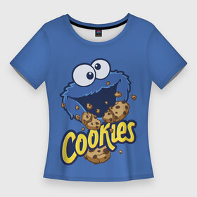 Женская футболка 3D Slim с принтом Cookies в Кировске,  |  | cookie | cookiemonster | delicious | eat | monster | yummy | еда | коржик | куки | кукимонстр | монстр | печенье | сезам | сладости | улица | улицасезам