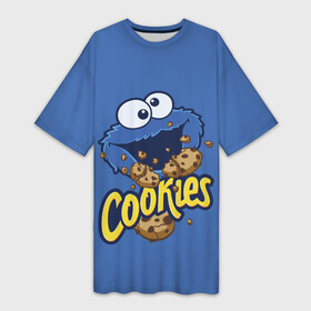 Платье-футболка 3D с принтом Cookies в Кировске,  |  | cookie | cookiemonster | delicious | eat | monster | yummy | еда | коржик | куки | кукимонстр | монстр | печенье | сезам | сладости | улица | улицасезам