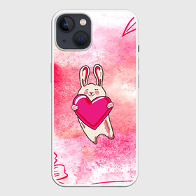 Чехол для iPhone 13 с принтом Влюбленный Зайчик в Кировске,  |  | like | love | loveis | pink | валентин | влюбленным | женщинам | животные | зайка | зайчик | заяц | звери | каваи | кролик | лапки | люблю | любовь | мордочка | няшный | подарок | прикольный | сердечки | сердце