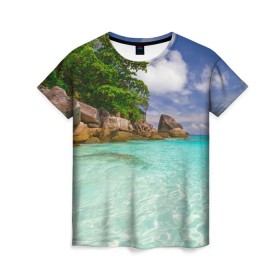 Женская футболка 3D с принтом Пхукет в Кировске, 100% полиэфир ( синтетическое хлопкоподобное полотно) | прямой крой, круглый вырез горловины, длина до линии бедер | phuket | бангкок | королевство | курорт | море | острова | отдых | пальмы | песок | пляж | природа | путешествие | солнце | тай | тайланд