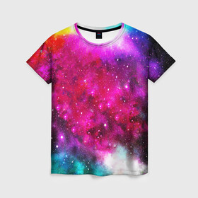 Женская футболка 3D с принтом Туманность в Кировске, 100% полиэфир ( синтетическое хлопкоподобное полотно) | прямой крой, круглый вырез горловины, длина до линии бедер | space | stars | абстракция | бесконечный | блестящий | вселенная | галактика | дым | звездная | звезды | космический | космос | краски | лето | материя | небо | неоновый | нло | ночь | облака | планеты | радуга