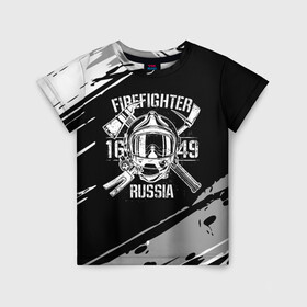 Детская футболка 3D с принтом FIREFIGHTER 1649 RUSSIA в Кировске, 100% гипоаллергенный полиэфир | прямой крой, круглый вырез горловины, длина до линии бедер, чуть спущенное плечо, ткань немного тянется | 112 | 27 декабря | firefighter | багор | белая | герб | гкчс | знак | лого | логотип | маска | мчс | мчсник | пожарная охрана | пожарник | пожарный | пч | россии | рф | серая | символ | служба | состаренная