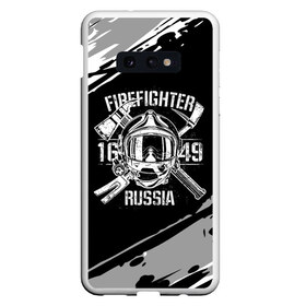 Чехол для Samsung S10E с принтом FIREFIGHTER 1649 RUSSIA в Кировске, Силикон | Область печати: задняя сторона чехла, без боковых панелей | 112 | 27 декабря | firefighter | багор | белая | герб | гкчс | знак | лого | логотип | маска | мчс | мчсник | пожарная охрана | пожарник | пожарный | пч | россии | рф | серая | символ | служба | состаренная