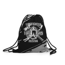 Рюкзак-мешок 3D с принтом FIREFIGHTER 1649 RUSSIA в Кировске, 100% полиэстер | плотность ткани — 200 г/м2, размер — 35 х 45 см; лямки — толстые шнурки, застежка на шнуровке, без карманов и подкладки | 112 | 27 декабря | firefighter | багор | белая | герб | гкчс | знак | лого | логотип | маска | мчс | мчсник | пожарная охрана | пожарник | пожарный | пч | россии | рф | серая | символ | служба | состаренная