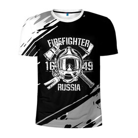 Мужская футболка 3D спортивная с принтом FIREFIGHTER 1649 RUSSIA в Кировске, 100% полиэстер с улучшенными характеристиками | приталенный силуэт, круглая горловина, широкие плечи, сужается к линии бедра | Тематика изображения на принте: 112 | 27 декабря | firefighter | багор | белая | герб | гкчс | знак | лого | логотип | маска | мчс | мчсник | пожарная охрана | пожарник | пожарный | пч | россии | рф | серая | символ | служба | состаренная