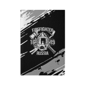Обложка для паспорта матовая кожа с принтом FIREFIGHTER 1649 RUSSIA в Кировске, натуральная матовая кожа | размер 19,3 х 13,7 см; прозрачные пластиковые крепления | Тематика изображения на принте: 112 | 27 декабря | firefighter | багор | белая | герб | гкчс | знак | лого | логотип | маска | мчс | мчсник | пожарная охрана | пожарник | пожарный | пч | россии | рф | серая | символ | служба | состаренная