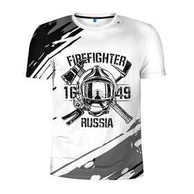 Мужская футболка 3D спортивная с принтом FIREFIGHTER 1649 RUSSIA в Кировске, 100% полиэстер с улучшенными характеристиками | приталенный силуэт, круглая горловина, широкие плечи, сужается к линии бедра | Тематика изображения на принте: 112 | 27 декабря | firefighter | багор | белая | герб | гкчс | знак | лого | логотип | маска | мчс | мчсник | пожарная охрана | пожарник | пожарный | пч | россии | рф | серая | символ | служба | состаренная