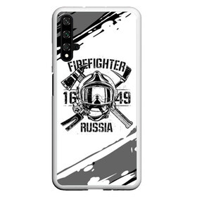 Чехол для Honor 20 с принтом FIREFIGHTER 1649 RUSSIA в Кировске, Силикон | Область печати: задняя сторона чехла, без боковых панелей | 112 | 27 декабря | firefighter | багор | белая | герб | гкчс | знак | лого | логотип | маска | мчс | мчсник | пожарная охрана | пожарник | пожарный | пч | россии | рф | серая | символ | служба | состаренная