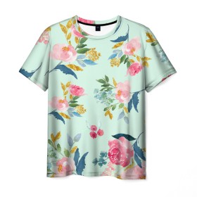 Мужская футболка 3D с принтом Цветы в Кировске, 100% полиэфир | прямой крой, круглый вырез горловины, длина до линии бедер | 2020 | summer | желтый | зеленый | летний принт | лето | розовые цветы | розовый | цветочки | цветы