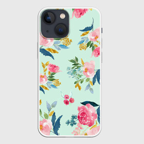 Чехол для iPhone 13 mini с принтом Цветы в Кировске,  |  | 2020 | summer | желтый | зеленый | летний принт | лето | розовые цветы | розовый | цветочки | цветы