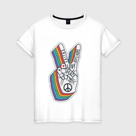 Женская футболка хлопок с принтом PEACE LOVE HOPE (Z) в Кировске, 100% хлопок | прямой крой, круглый вырез горловины, длина до линии бедер, слегка спущенное плечо | hope | love | peace | два пальца | жесть | знак | любить | любовь | мир | радуга | хипи | хиппи