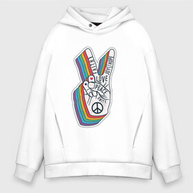 Мужское худи Oversize хлопок с принтом PEACE LOVE HOPE (Z) в Кировске, френч-терри — 70% хлопок, 30% полиэстер. Мягкий теплый начес внутри —100% хлопок | боковые карманы, эластичные манжеты и нижняя кромка, капюшон на магнитной кнопке | hope | love | peace | два пальца | жесть | знак | любить | любовь | мир | радуга | хипи | хиппи