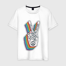 Мужская футболка хлопок с принтом PEACE LOVE HOPE (Z) в Кировске, 100% хлопок | прямой крой, круглый вырез горловины, длина до линии бедер, слегка спущенное плечо. | hope | love | peace | два пальца | жесть | знак | любить | любовь | мир | радуга | хипи | хиппи