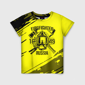 Детская футболка 3D с принтом FIREFIGHTER 1649 RUSSIA в Кировске, 100% гипоаллергенный полиэфир | прямой крой, круглый вырез горловины, длина до линии бедер, чуть спущенное плечо, ткань немного тянется | 112 | firefighter | багор | герб | гкчс | желтая | знак | лого | логотип | мчс | мчсник | пожарная охрана | пожарник | пожарный | пч | россии | рф | серая | символ | служба | спасатель | спасения | топор | флаг